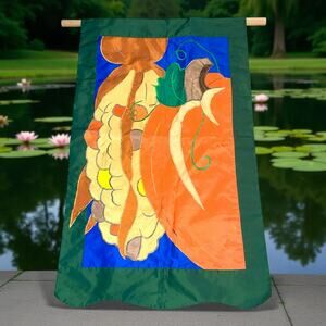 Cornucopia Pumpkin House Flag Fall Autumn Harvest Outdoor Yard Decor 45" Vintage